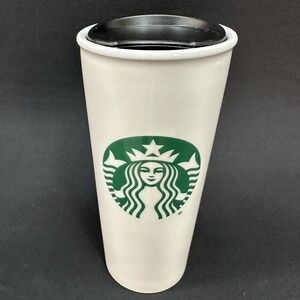 Starbucks 7 1/2" Tall 12oz Travel Mug Tumbler White & Green Ceramic With Lid